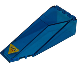 LEGO Transparent Dark Blue Windscreen 10 x 4 x 2.3 with Black 'R.E.S.' and Red 'Q' on Yellow Triangle Sticker (2507)