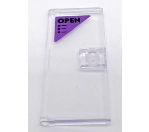 LEGO Transparent Door 1 x 3 x 6 with Black 'OPEN' on Medium Lavender Triangle Background Sticker (80683)