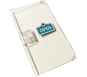 LEGO Transparent Door 1 x 4 x 6 with Stud Handle with Mirrored Azure „Open“ Sign Sticker (35290)