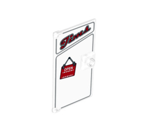 LEGO Transparent Door 1 x 4 x 6 with Stud Handle with 'OPEN' and 'Jims' Pattern (37299 / 60616)