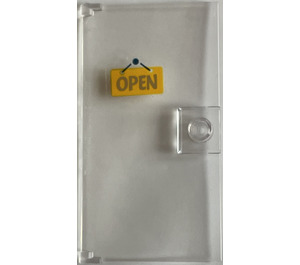 LEGO Transparant Deur 1 x 4 x 6 met Nop Handvat met 'OPEN' Sticker (35290)