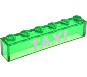 LEGO Transparent Green Brick 1 x 6 with White Bolded "TAXI" without Bottom Tubes (3067)
