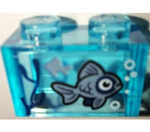 LEGO Transparentes Hellblau Stein 1 x 2 mit Sand Blau Fisch & Dark Blau Seagrass Aufkleber ohne Unterrohr (3065)