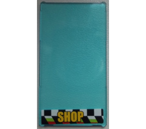 LEGO Bleu clair transparent Verre for Fenêtre 1 x 4 x 6 avec 'SHOP' sur Checkered Background Autocollant (6202)