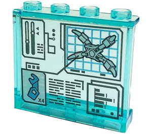 LEGO Transparentes Hellblau Panel 1 x 4 x 3 mit Displays, 'X4', Arm Mechanisch Aufkleber mit Seitenstützen, Hohlbolzen (35323)