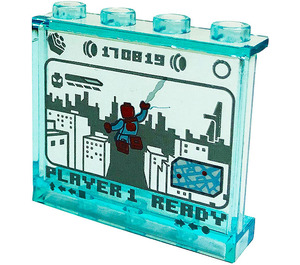LEGO Transparentes Hellblau Panel 1 x 4 x 3 mit Spider-man, 'PLAYER 1 READY', 170819, Map Aufkleber mit Seitenstützen, Hohlbolzen (35323)
