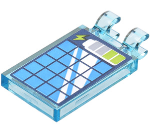 LEGO Transparent Light Blue Tile 2 x 3 with Horizontal Clips with Grid & Battery Sticker (Thick Open 'O' Clips) (30350)