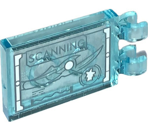 LEGO Transparent Light Blue Tile 2 x 3 with Horizontal Clips with Screen with 'SCANNING' and Loki’s Scepter Sticker (Thick Open 'O' Clips) (30350)