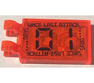 LEGO Transparent Neon Reddish Orange Tile 2 x 3 with Horizontal Clips with Days Since Last Attack 01 Sticker (Thick Open 'O' Clips) (30350)