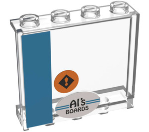 LEGO Transparent Panel 1 x 4 x 3 with Dark Azure Stripe and 'Al's BOARDS' Sticker with Side Supports, Hollow Studs (35323)
