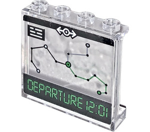 LEGO Transparent Panel 1 x 4 x 3 with Green 'DEPARTURE 12:01' and Train Map Sticker with Side Supports, Hollow Studs (35323)