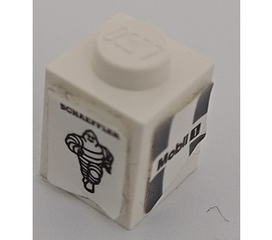 LEGO White Brick 1 x 1 with 'Mobil 1' and 'SCHAEFFLER' with Michelin Logo (Model Right) Sticker (3005)