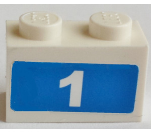 LEGO Wit Steen 1 x 2 met  ‘1’ Aan Blauw  Sticker met buis aan de onderzijde (3004)