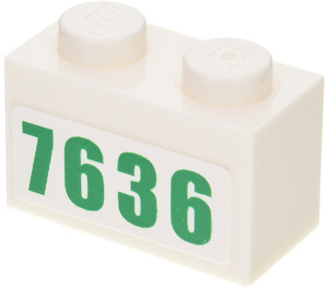 LEGO Wit Steen 1 x 2 met '7636' Sticker met buis aan de onderzijde (3004)