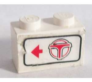 LEGO White Brick 1 x 2 with Arrow pointing Left & Airport Shuttle logo Sticker with Bottom Tube (3004)