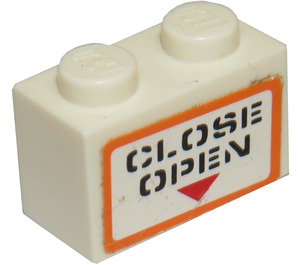 LEGO White Brick 1 x 2 with Black 'CLOSE', 'OPEN' and Red Triangle Sticker with Bottom Tube (3004)
