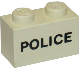 LEGO Weiß Stein 1 x 2 mit Schwarz "Polizei" Sans-Serif mit Unterrohr (3004)