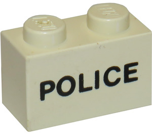 LEGO White Brick 1 x 2 with Black "POLICE" Sans-Serif with Bottom Tube (3004)
