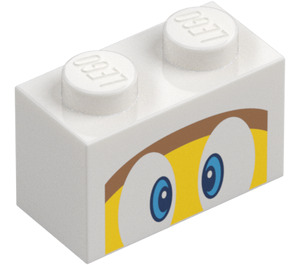 LEGO White Brick 1 x 2 with Boomerang Face with Blue Eyes with Bottom Tube (3004 / 94319)