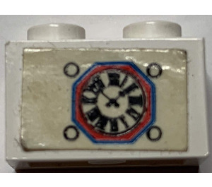 LEGO Weiß Backstein 1 x 2 mit Clock Aufkleber mit Unterrohr (3004)