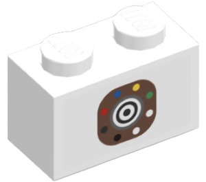 LEGO White Brick 1 x 2 with Concentric Circles and Red, Blue, Yellow and Green Dots Sticker with Bottom Tube (3004)