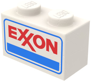 LEGO White Brick 1 x 2 with Exxon Logo Stickers from Set 6375-2 with Bottom Tube (3004 / 93792)