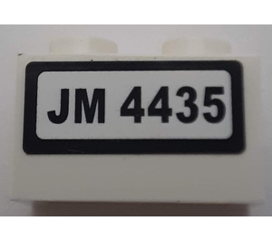 LEGO White Brick 1 x 2 with 'JM 4435' Sticker with Bottom Tube (3004)