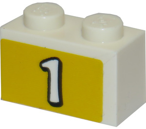LEGO White Brick 1 x 2 with Number '1' Sticker with Bottom Tube (3004)