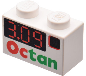 LEGO White Brick 1 x 2 with 'Octan' & '3.09' with Bottom Tube (3004 / 82316)