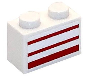 LEGO blanc Brique 1 x 2 avec rouge Rayures sur both sides Autocollant avec tube inférieur (3004)
