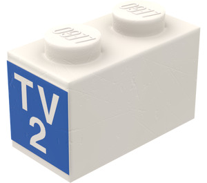 LEGO White Brick 1 x 2 with "TV 2" Stickers from Set 664-1 with Bottom Tube (3004)