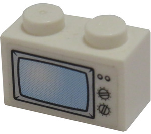 LEGO blanc Brique 1 x 2 avec TV screen Autocollant avec tube inférieur (3004)