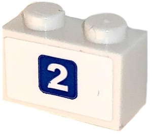 LEGO White Brick 1 x 2 with White '2' on Blue Square Sticker with Bottom Tube (3004)