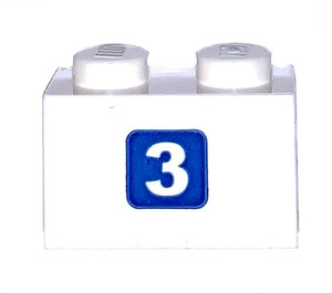 LEGO White Brick 1 x 2 with White '3' on Blue Square Sticker with Bottom Tube (3004)