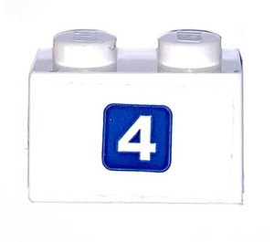 LEGO White Brick 1 x 2 with White '4' on Blue Square Sticker with Bottom Tube (3004)