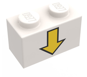 LEGO White Brick 1 x 2 with Yellow Down Arrow and Black Border with Bottom Tube (3004)