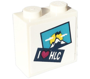 LEGO White Brick 1 x 2 x 1.6 with Studs on One Side with 'HLC', Heart, Mountains Sticker (22885)