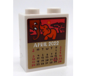 LEGO Weiß Backstein 1 x 2 x 2 mit April 2022 Calendar Page mit Elephants Aufkleber mit Innenbolzenhalter (3245)