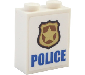LEGO White Brick 1 x 2 x 2 with Badge and "POLICE" Sticker with Inside Stud Holder (3245)