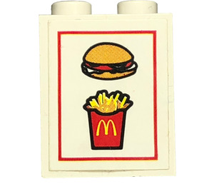 LEGO Weiß Stein 1 x 2 x 2 mit McDonald's Burger und Chips Aufkleber mit Innenachshalter (3245)