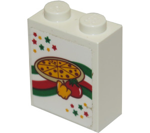 LEGO White Brick 1 x 2 x 2 with Pizza Sticker with Inside Stud Holder (3245)
