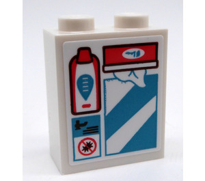LEGO White Brick 1 x 2 x 2 with Red, White and Dark Turquoise Pattern Sticker with Inside Stud Holder (3245)