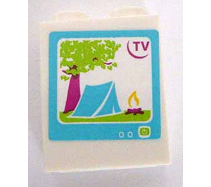LEGO White Brick 1 x 2 x 2 with Tree, Tent and Campfire on TV Sticker with Inside Stud Holder (3245)