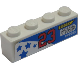 LEGO Weiß Backstein 1 x 4 mit Blau Stars, '23', 'ZENZORA', 'NUTY REZ', 'SPIN WEAR' (Recht) Aufkleber (3010)