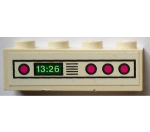 LEGO White Brick 1 x 4 with digital clock 13:26 and 4 dark pink buttons Sticker (3010)