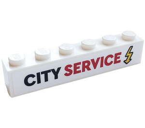 LEGO White Brick 1 x 6 with 'CITY SERVICE', Electricity Symbol Sticker (3009)