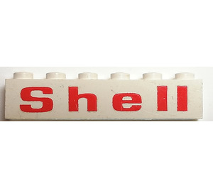 LEGO White Brick 1 x 6 with Red 'Shell' Wide Pattern with flattened 'e' (3009)