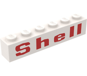 LEGO White Brick 1 x 6 with Red 'Shell' Wide Pattern with rounded 'e' (3009)
