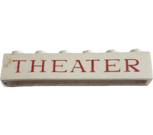 LEGO White Brick 1 x 6 with "THEATER" Thin Serif without Bottom Tubes, with Cross Supports