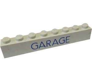 LEGO White Brick 1 x 8 with Blue "GARAGE" without Bottom Tubes with Cross Support